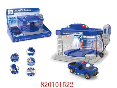 Police Car Wash Garage Playset w/Light、Sound、Imitate Spray and 1pc Die-Cast and Free Wheel Car,requires 3*AA,but not included